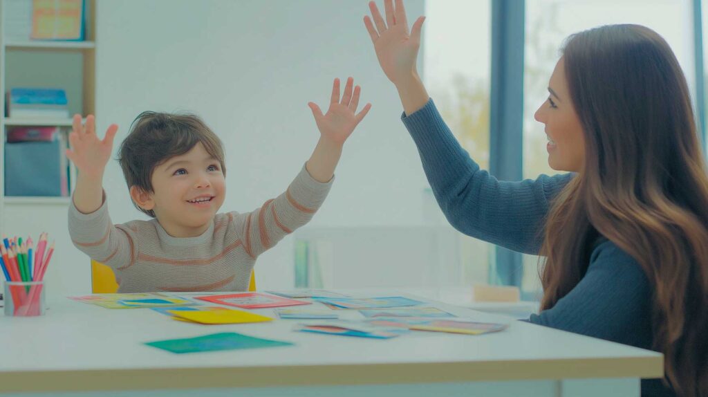 Smiling child raising his arms for a high-five with a woman during a learning activity at a table.