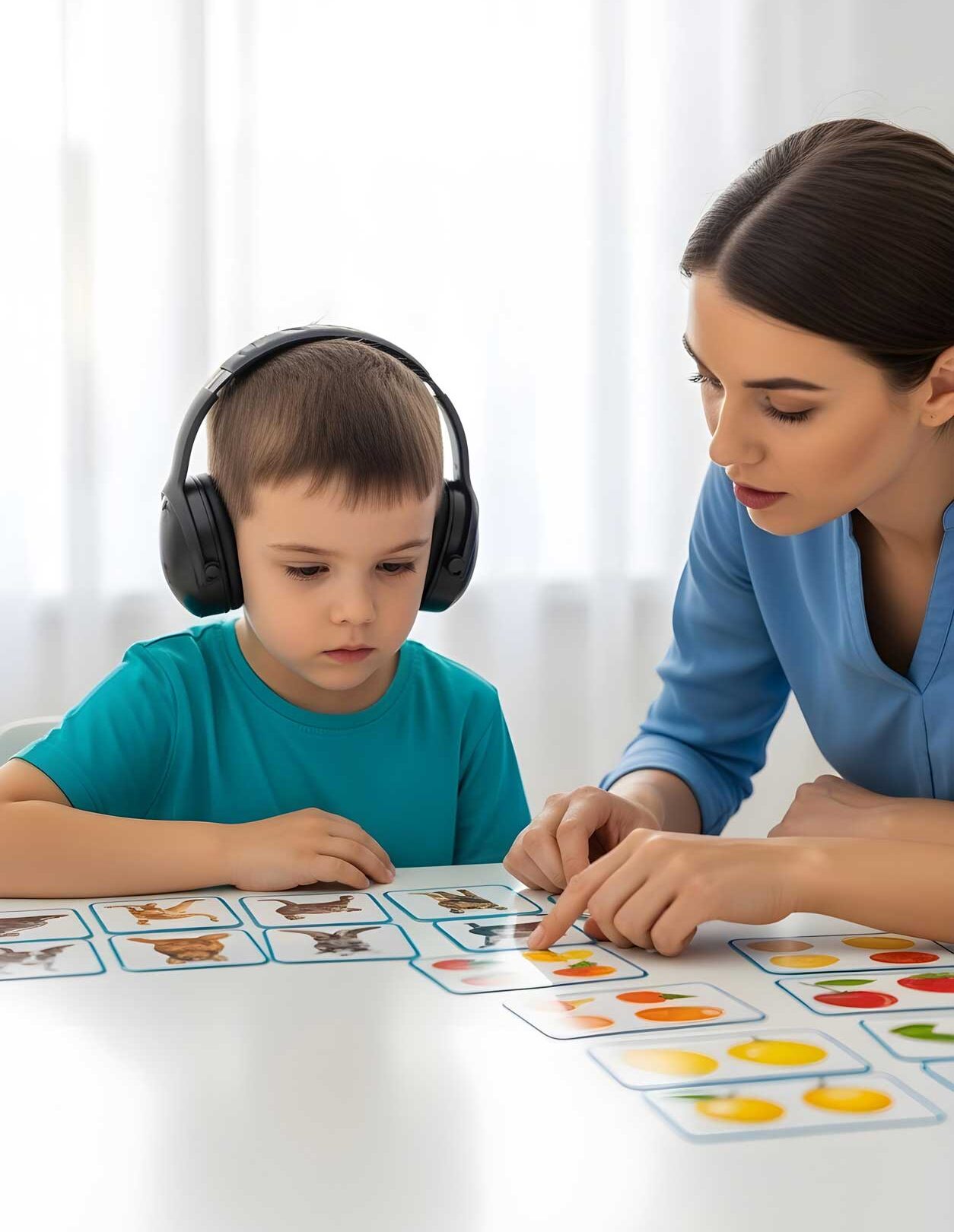 Focused autistic child boy wearing noise cancelling headphone identifying animals and fruits on picture cards guided by therapist to improve communication and neurodiversity inclusion awareness