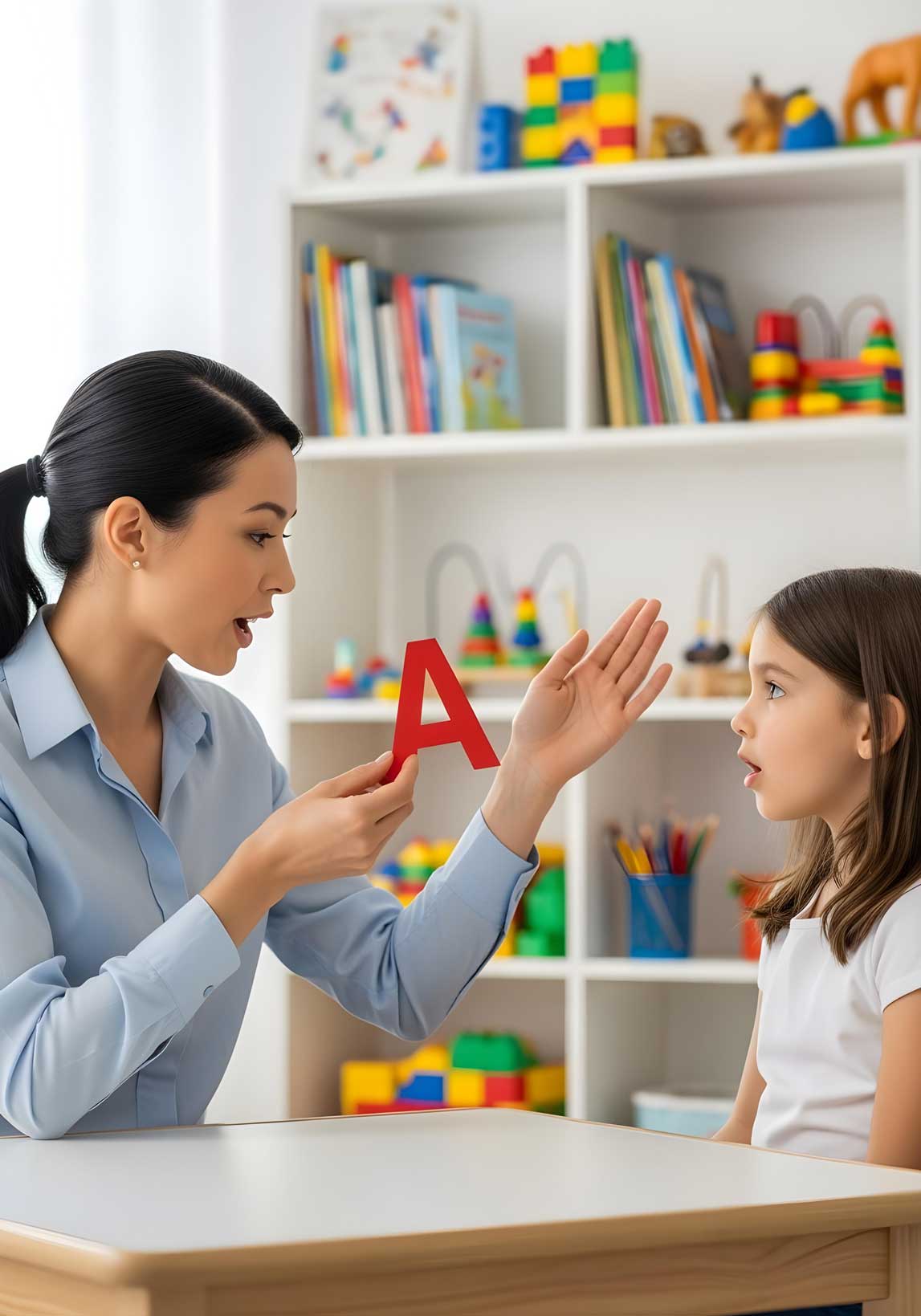 Focused neurodivergent kid girl in speech therapy practicing letter sounds with therapist holding letter A to enhance pronunciation skills and promote neurodiversity inclusion awareness