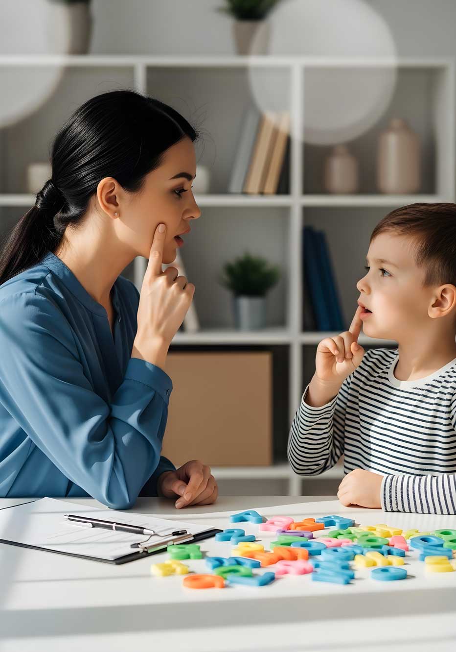 Boy with autism in speech therapy imitating therapist