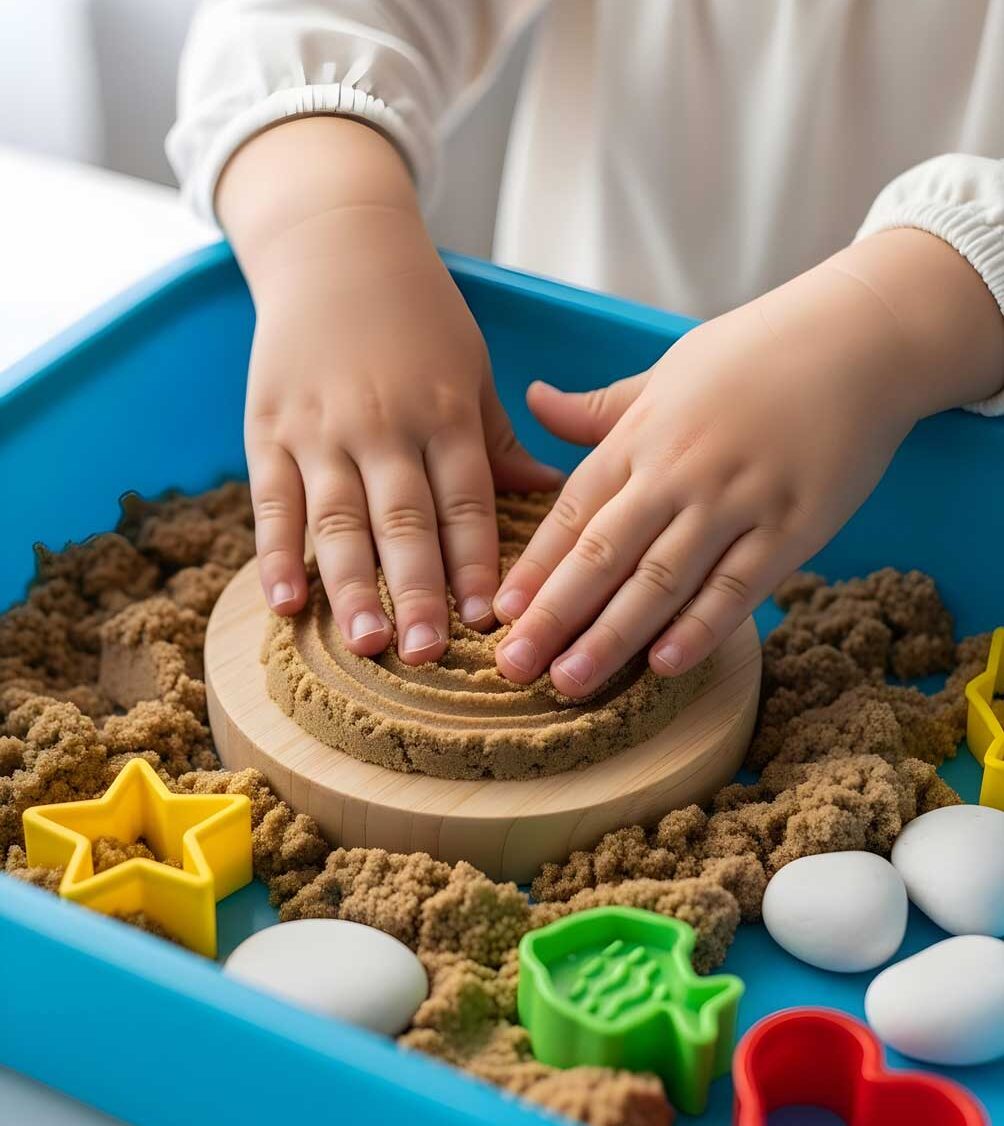 Close up of autistic child hands in occupational therapy shaping kinetic sand with scoop and colorful sensory tools for tactile stimulation motor skills autism awareness and neurodiversity inclusion