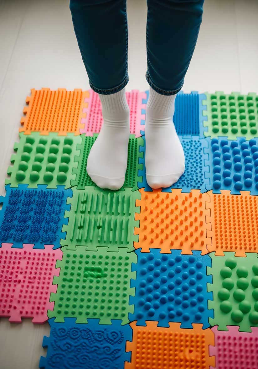 Close up of sensory therapy textured floor tiles used in occupational therapy for autistic children to enhance tactile stimulation proprioception and neurodiversity inclusion awareness