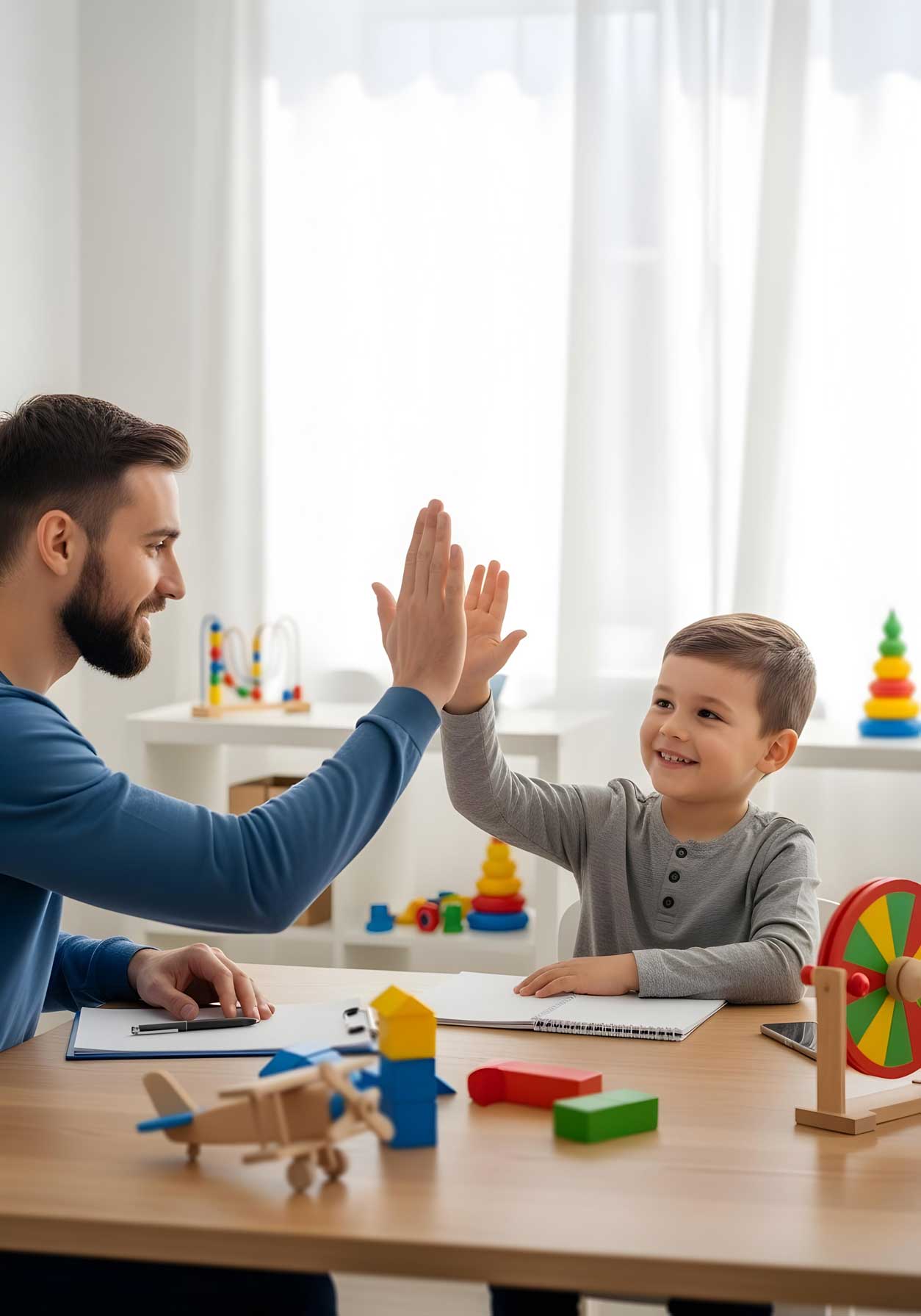 Autistic child boy in occupational therapy smiling while high fiving therapist to celebrate success in educational activity supporting motor skills and autism spectrum inclusion awareness