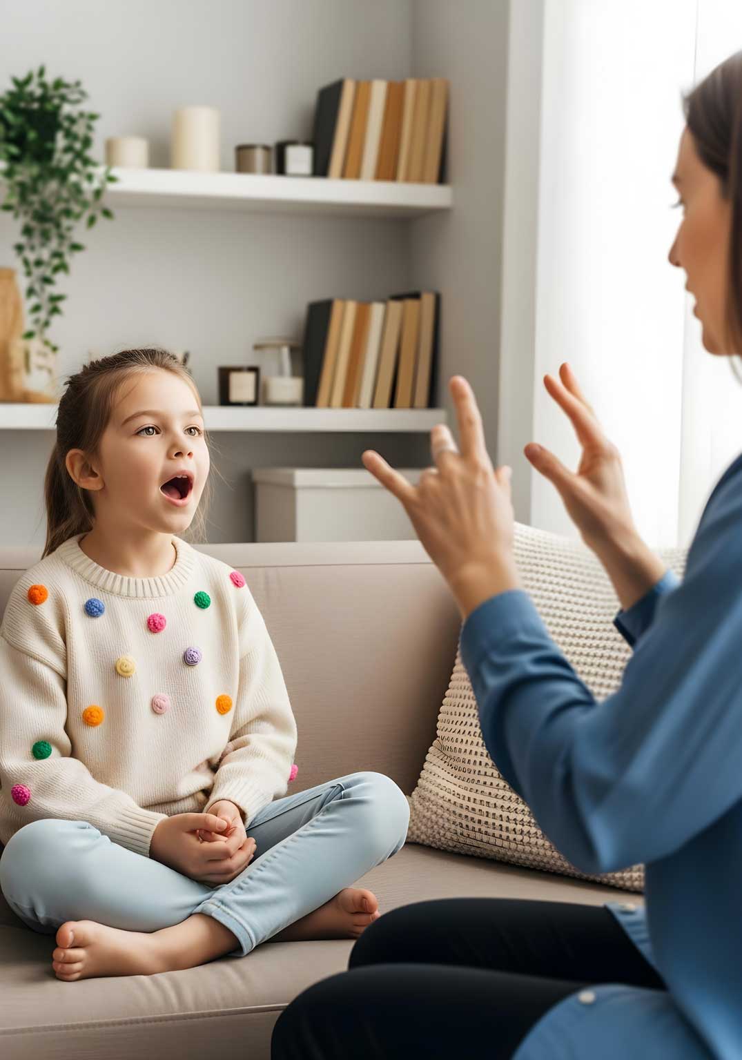 Neurodivergent kid girl in speech therapy practicing articulation