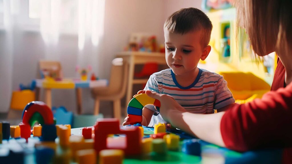 Young child playing with colorful building toys while an adult guides him at a table in a bright, playful classroom setting